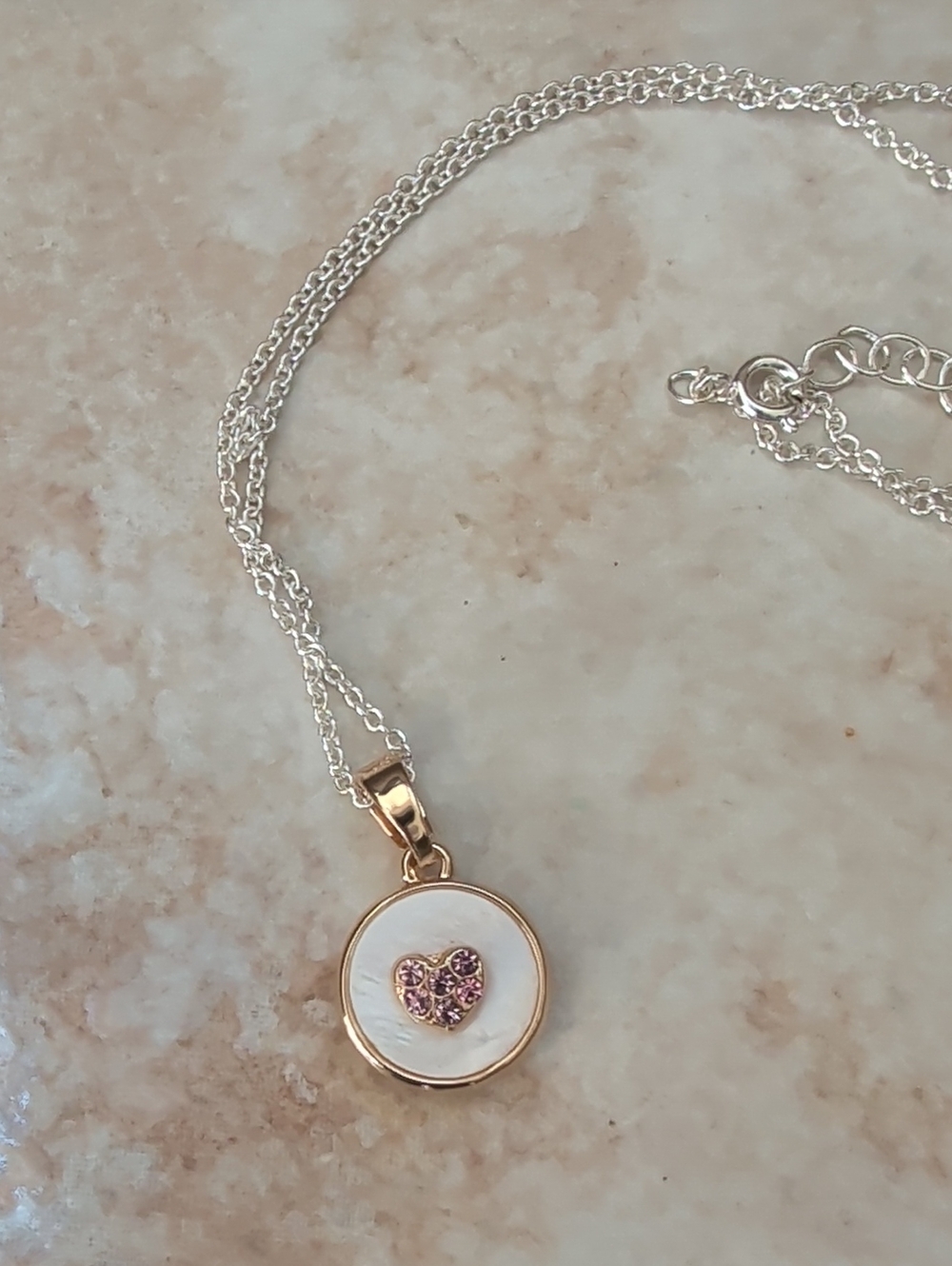 Gold Disc Necklace with Pink Crystal Heart Accent NWOT